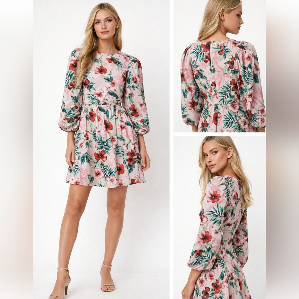 Nwt LES RÊVERIES Floral Silk Mini Dress Blouson Puff Sleeves Hibiscus Palms - Picture 2 of 12